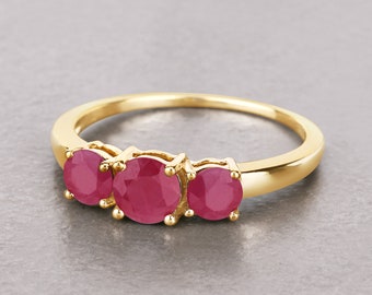 14K Gold Ruby Ring, Natural 3-Stone Ruby Yellow Gold Ring for Women, Engagement Ring, July Birthstone, Minimalist Ring, Dainty Ruby Ring