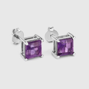 Amethyst Stud Earrings, Natural Amethyst Princess-Cut Square Studs, February Birthstone Earrings, Purple Gemstones Earrings, Gift For Her