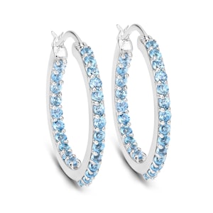 Swiss Blue Topaz Earrings, Genuine Swiss Blue Topaz Hoop Silver Earrings for Women, December Birthstone Earrings, Blue Gemstone Earrings