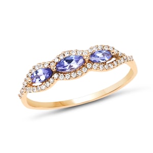 14k Gold Tanzanite and Diamond Ring, Genuine Tanzanite Diamond Minimalist Ring, Dainty 14k Gold Tanzanite  with Diamonds Ring, Promise Ring
