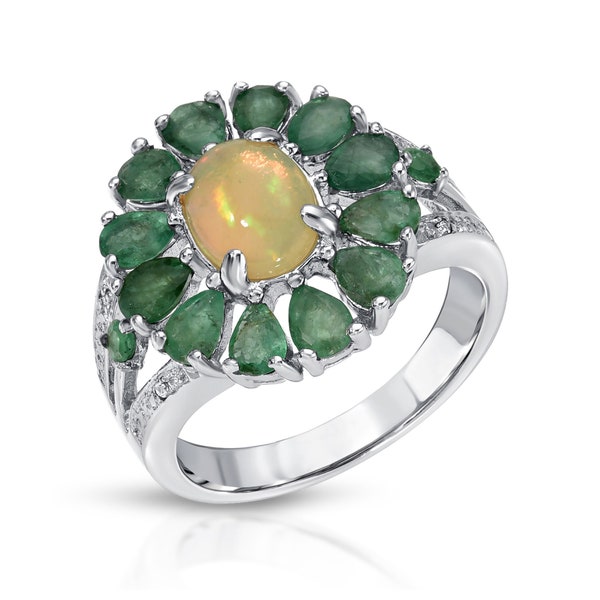 Ethiopian Opal Ring, .925 Sterling Silver Opal and Emerald Cocktail Ring for Women, Statement Ring, October Birthstone Ring, Bridesmaid Gift