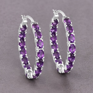 Amethyst Earrings, Genuine Amethyst Earrings Sterling Silver, Amethyst Earrings for Women, February Birthstone Hoop Earrings for Her