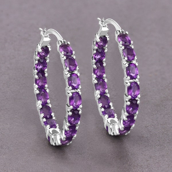 Amethyst Earrings, Genuine Amethyst Earrings Sterling Silver, Amethyst Earrings for Women, February Birthstone Hoop Earrings for Her