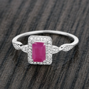 Gold Ruby Ring, Natural Ruby Octagon Halo Ring in 14k Gold, 14k Gold Ruby & Diamond Ring, July Birthstone, Promise Ring, Minimalist Ring