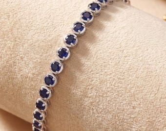Genuine Blue Sapphire Gold Tennis Bracelet for Her, 14k Gold Blue Sapphire Bracelet, September Birthstone Bracelet, Bridal Anniversary Gift