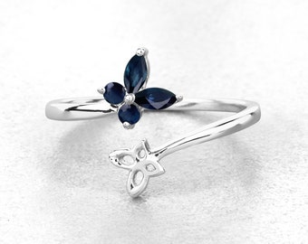 Sapphire Ring, Genuine Midnight Blue Sapphire Sterling Silver Butterfly Ring, Bypass Ring, Gift for Her, September Birthstone