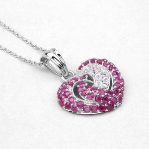 Natural Ruby Heart Pendant Sterling Silver | White Sapphire Cluster Necklace | July Birthstone Jewelry Gift for Her | Valentine’s Day Gift