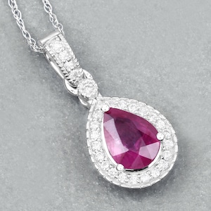 Ruby Gold Pendant, Natural Ruby and White Diamond  Teardrop Pendant, Ruby Pear Shape 14K White Gold Pendant, July Birthstone, Wedding Gift