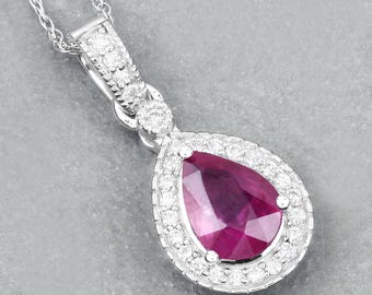 Ruby Gold Pendant, Natural Ruby and White Diamond  Teardrop Pendant, Ruby Pear Shape 14K White Gold Pendant, July Birthstone, Wedding Gift