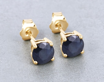 Sapphire Studs, Genuine Blue Sapphire 10K Yellow Gold Studs, Sapphire Round Studs, September Birthstone Earrings, Gift for Her