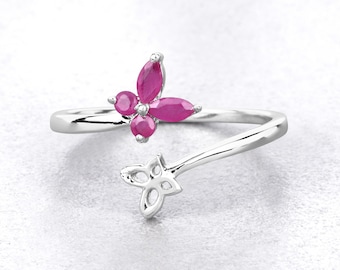 Ruby Ring, Genuine Ruby Sterling Silver Butterfly Ring, Ruby Butterfly Ring, Bypass Ring, Gift for Her, July Birthstone Ring