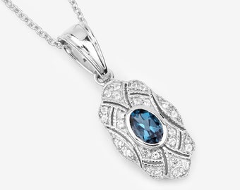 London Blue Topaz Pendant, Vintage Design Natural London Blue Topaz Silver Pendant Necklace for Women, December Birthstone Pendant Necklace