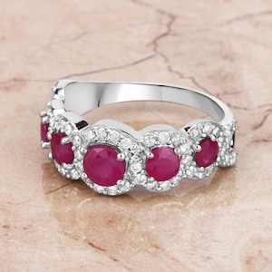 14k Gold Ruby & Diamond Ring, Genuine 5 Stone Ruby Ring with Diamonds, Solid Gold Round Cut Ruby Ring, Engagement Ring, July Birthstone Ring