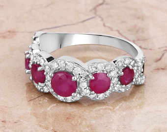 14k Gold Ruby & Diamond Ring, Genuine 5 Stone Ruby Ring with Diamonds, Solid Gold Round Cut Ruby Ring, Engagement Ring, July Birthstone Ring