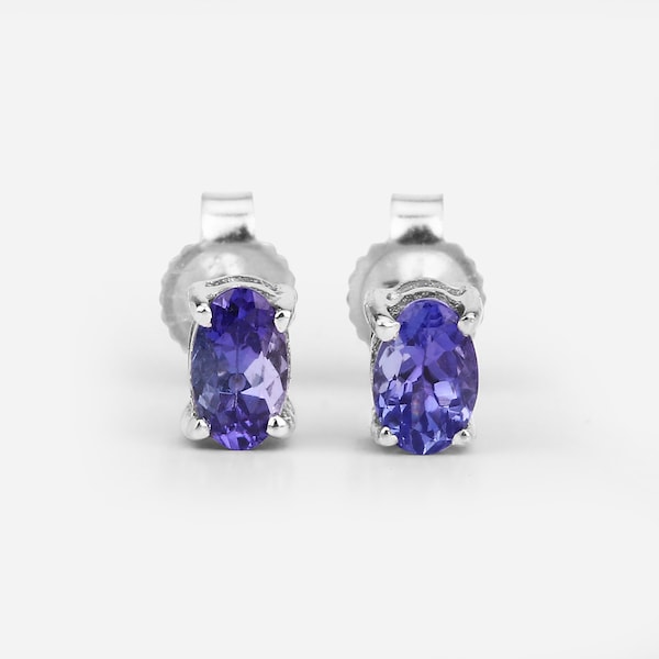 Tanzanite Earrings, Natural Tanzanite Oval Stud Earrings in .925 Sterling Silver, Silver Tanzanite Earrings, December Birthstone