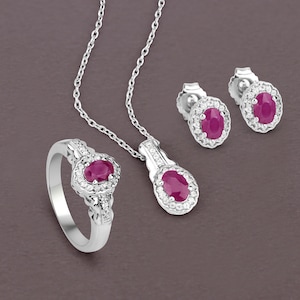Genuine Ruby Jewelry Set Oval Ring Earrings Pendant | 925 Sterling Silver July Birthstone Gift for Her | Ruby and White Topaz Set