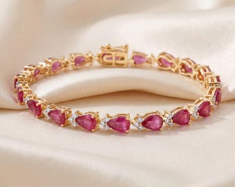 14k Gold Ruby Bracelet, Genuine Ruby and Diamond Gold Bracelet for Women, 14k Solid Yellow Gold Ruby Tennis Bracelet, July Birthstone