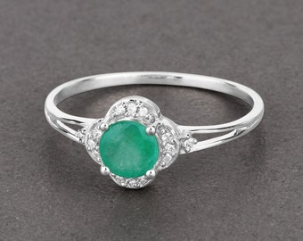 14kt Gold Emerald & Diamond Ring, Natural Emerald Ring, May Birthstone, Minimalist Ring, 14k Solid White Gold Ring, Dainty Emerald Ring Gift