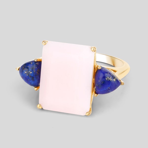 Pink Opal Ring, Natural Pink Opal & Lapis 3-Stone Cocktail Ring, .925 Sterling Silver Yellow Gold Plated, Pink Gemstone Ring, Gift for Wife