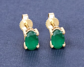 14k Gold Emerald Earrings, Genuine Emerald Oval 14k Yellow Gold Stud Earrings for Women, Dainty Emerald Earrings, May Birthstone Earrings