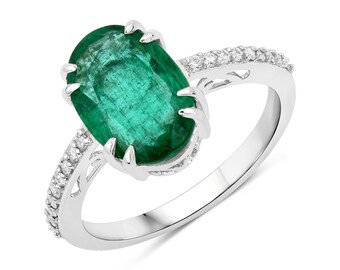 14k Gold Emerald Ring, Natural Zambian Emerald Oval and Diamond Gold Ring 14k White Gold for Women, 14k Solid Gold Emerald Engagement Ring