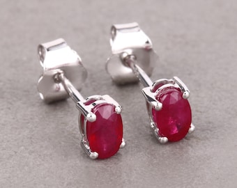 Ruby Studs, 14k White Gold Real Pink Ruby Oval Cut Studs, Dainty Earrings, July Birthstone, Bridesmaid Gift