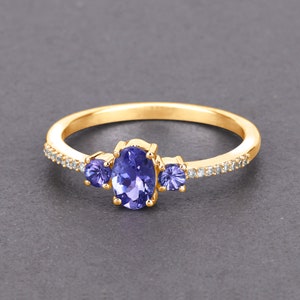 Tanzanite Ring, Solid 14k Yellow Gold Tanzanite Diamond 3-Stone Ring for Her, Deep Lavender Gemstone Gold Ring, Minimalist Ring, Dainty Ring