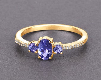 Tanzanite Ring, Solid 14k Yellow Gold Tanzanite Diamond 3-Stone Ring for Her, Deep Lavender Gemstone Gold Ring, Minimalist Ring, Dainty Ring