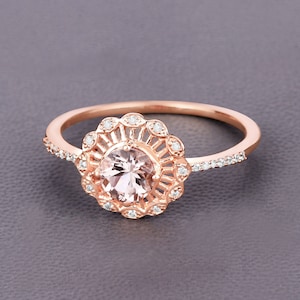 Morganite Ring, 14K Rose Gold Morganite and Diamond Ring, Morganite Floral Ring, Minimalist Ring, Dainty Morganite Ring, Pink Morganite Ring