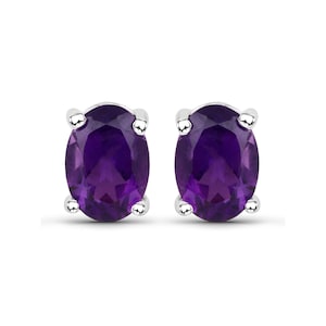 Amethyst Earrings, Genuine Amethyst Earrings Sterling Silver, Amethyst Oval Stud Earrings for Women, February Birthstone Earrings for Her