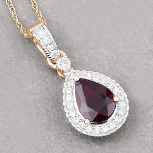Ruby Gold Pendant, Natural Ruby and White Diamond  Teardrop Pendant, Ruby Pear Shape 14K Yellow Gold Pendant, July Birthstone, Wedding Gift