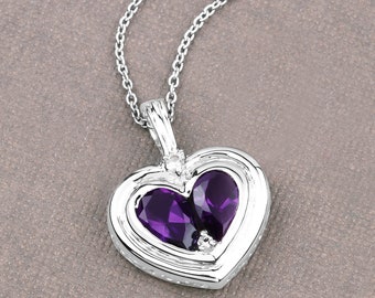 Amethyst Pendant, Genuine Amethyst Sterling Silver Heart Shape Pendant Necklace, Valentine's Gift, February Birthstone, Gift for Her