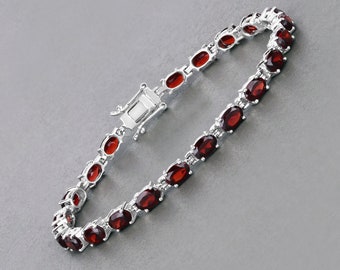 Garnet Bracelet, Garnet Bracelet Sterling Silver, Garnet Bracelet for Women, January Birthstone Gift for Women, Red Garnet Tennis Bracelet