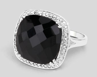 Black Onyx Silver Ring, Bold Black Onyx Square Cushion Halo Ring, 925 Sterling Silver, Checkerboard Black Onyx Ring for Women, Gifts for Her
