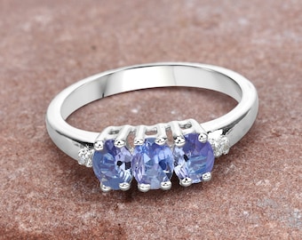 Tanzanite Ring, Real 3-Stone Tanzanite Sterling Silver Ring with Rhodium Plating, for Women, December Birthstone