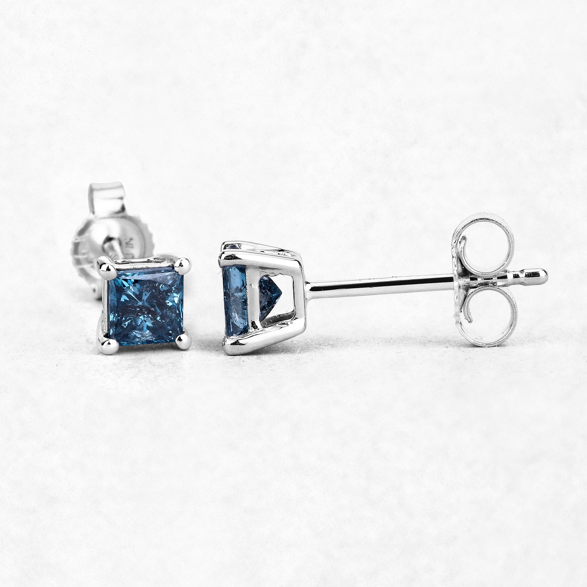 Blue Diamond Earrings 14k Solid White Gold Princesscut Blue Etsy