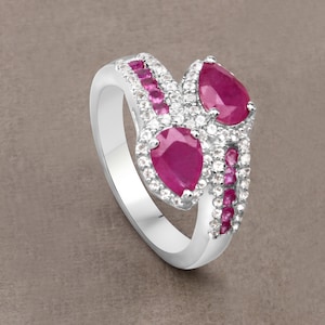 Ruby Ring, Natural Ruby Sterling Silver Ring for Women, Red Gemstone Silver Ring, July Birthstone Ring, Ruby Bypass Ring, Ruby Bridal Ring