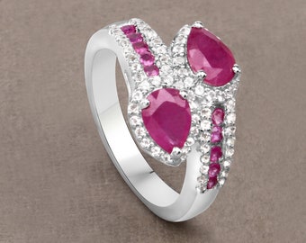 Anello con rubino, anello in argento sterling con rubino naturale per donna, anello in argento con pietra preziosa rossa, anello con pietra portafortuna di luglio, anello bypass con rubino, anello nuziale con rubino