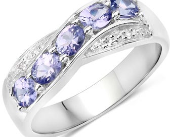 Tanzanite Ring, Genuine Tanzanite and White Topaz Sterling Silver 5 Stone Ring, December Birthstone Ring, Christmas Gift