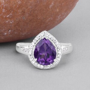Amethyst Ring, Amethyst Silver Halo Ring, Natural Amethyst Ring for Women, February Birthstone Ring