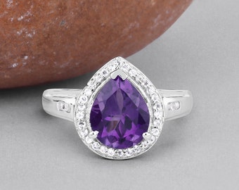 Amethyst Ring, Amethyst Silver Cocktail Ring, Natural Amethyst Ring for Women, February Birthstone Ring