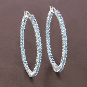 Blue Topaz Earrings, Genuine Swiss Blue Topaz Hinged Hoop Earrings in .925 Sterling Silver for Women, December Birthstone Earrings