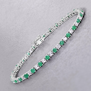 Emerald Bracelet, Genuine Emerald and White Topaz Bracelet Sterling Silver, Emerald Bracelet for Women, May Birthstone Tennis Bracelet