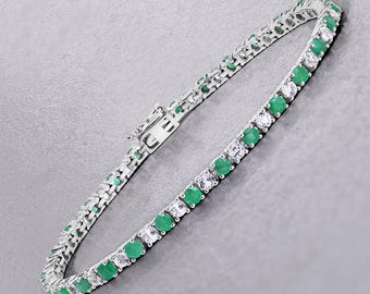 Emerald Bracelet, Genuine Emerald and White Topaz Bracelet Sterling Silver, Emerald Bracelet for Women, May Birthstone Tennis Bracelet