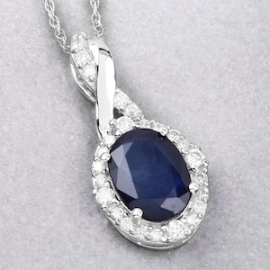 Blue Sapphire Halo Pendant, 14K White Gold Genuine Blue Sapphire and White Diamond Crossover Pendant, September Birthstone, Anniversary Gift