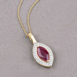 Ruby Pendant, Genuine Ruby and White Diamond 10K Yellow Gold Halo Pendant, July Birthstone Pendant, Ruby Marquise Shape Pendant for Women