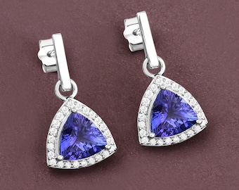 14K White Gold Tanzanite Earrings, Genuine Tanzanite Trillion-Cut and Diamond Drop Earrings, December Birthstone, Engagement Earrings