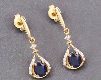 Blue Sapphire, Blue Sapphire Earrings, Gold Dangle Earrings, 14Kt Gold, Royal Blue, Minimalist Jewelry, Christmas Gift, Anniversary Gift