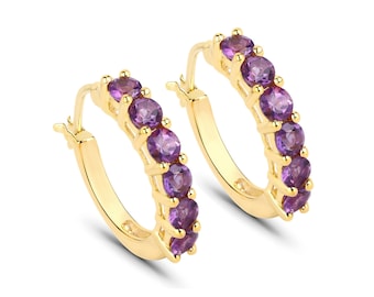 Amethyst Earrings, Genuine Amethyst 18K Yellow Gold Sterling Silver Earrings, February Birthstone Earrings, Hinged Hoop Earrings for Her