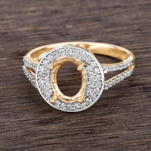 14k Gold Semi Mount Ring with Natural Diamonds, Customizable Yellow Gold Ring Semi-Mount, 14k Diamond Semi-Mount - holds 8x6mm Oval Stone